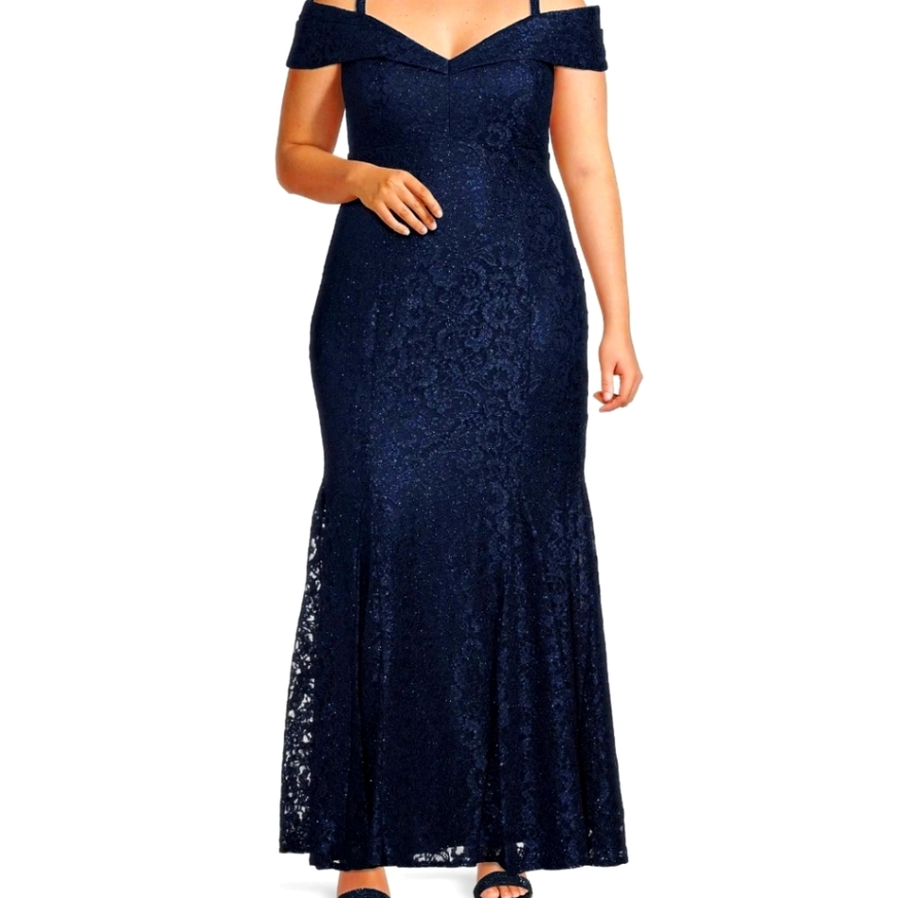 R&M RICHARDS PLUS SIZE OFF THE SHOULDER LACE GOWN